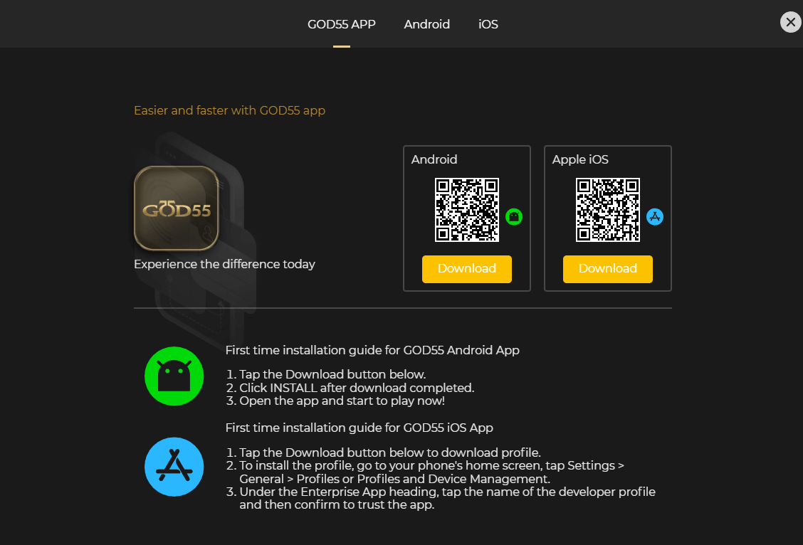 GOD55 online casino Malaysia app installation