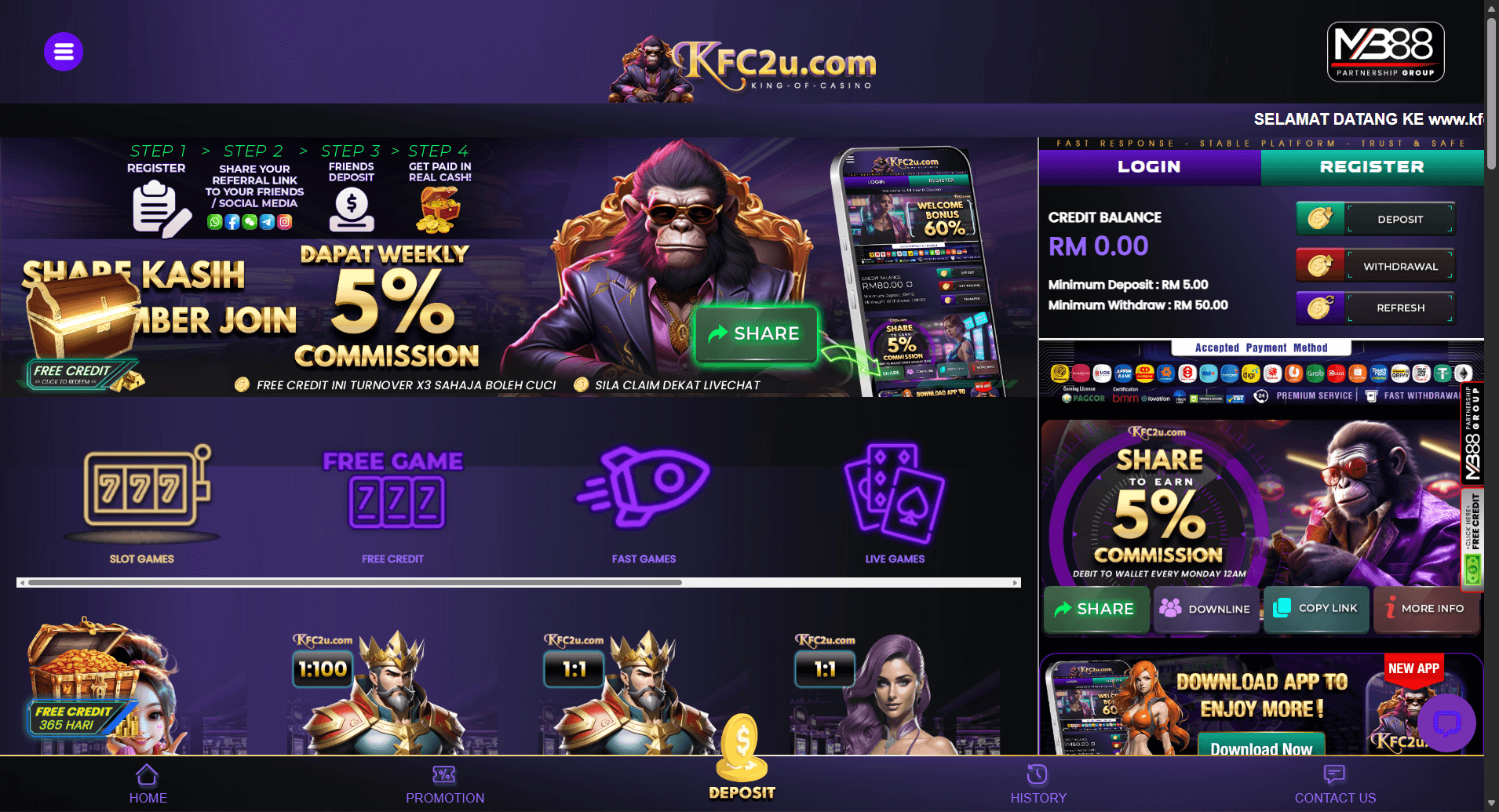 KFC2U online casino screenshot
