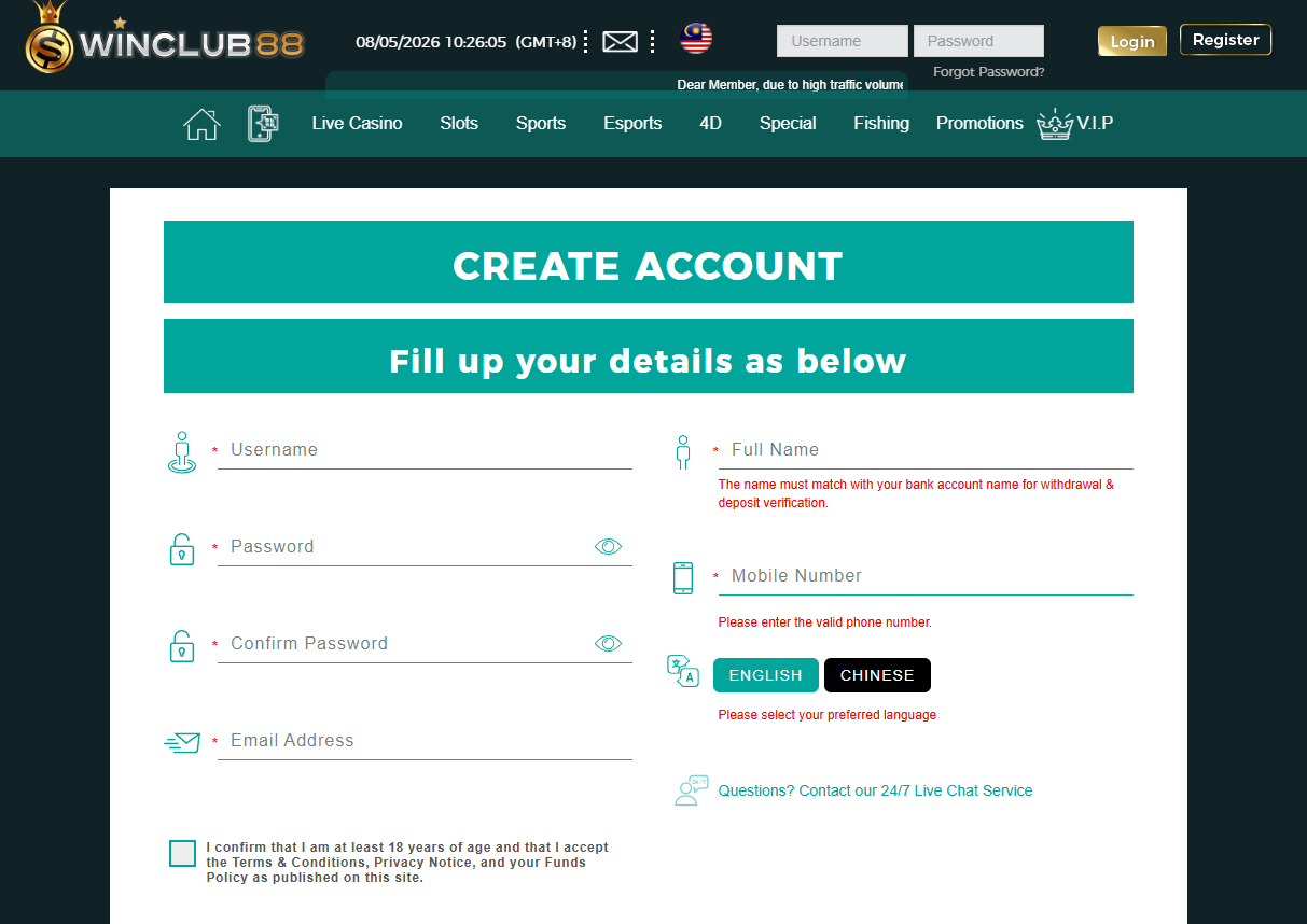 Winclub88 online casino Malaysia Registration